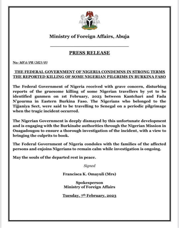 Ministry of Foreign Affairs reacts as gunmen kill Nigerian pilgrims in Burkina Faso